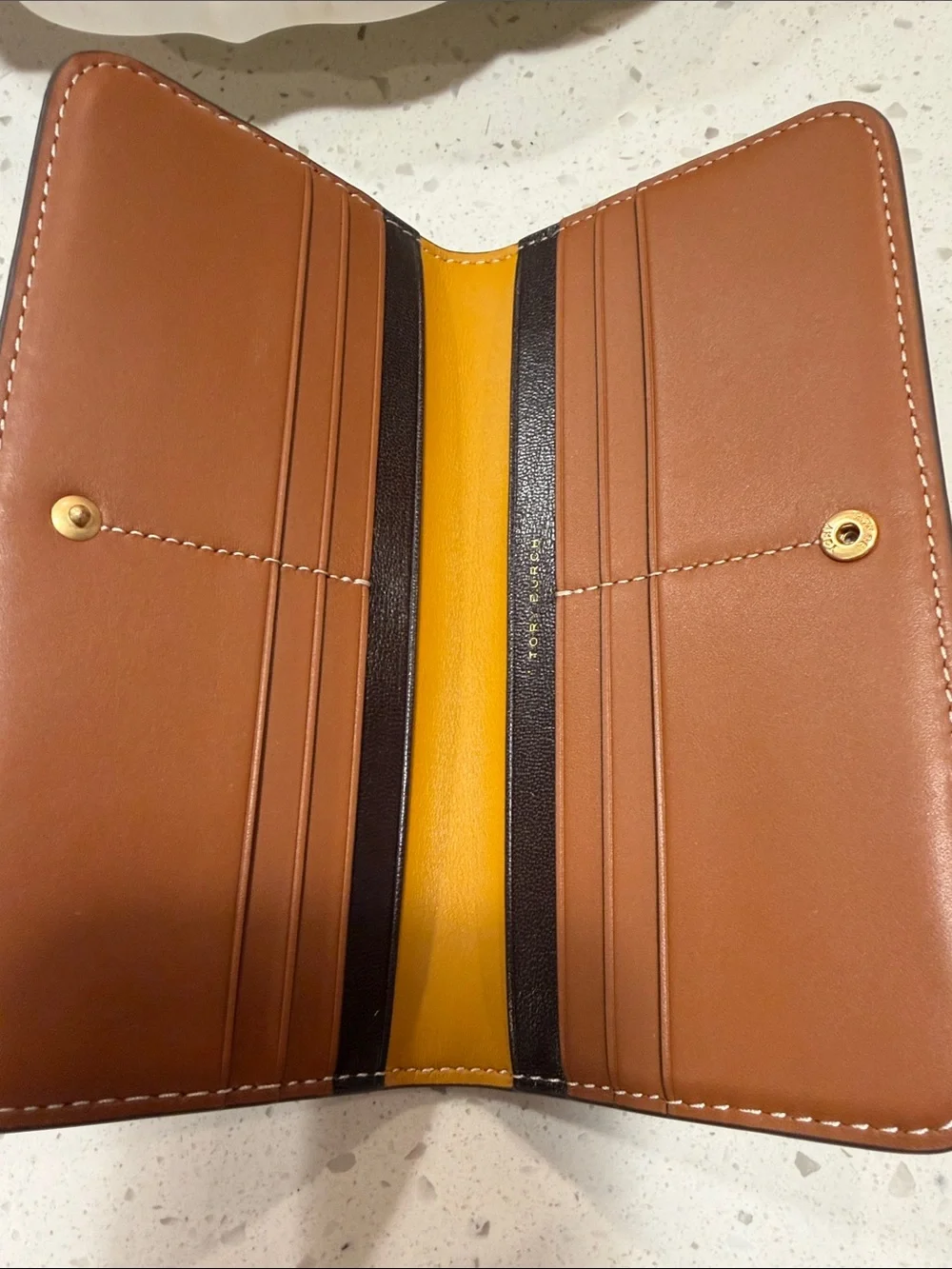 Tory Burch Monogram Beige Canvas Wallet with Brown and Mustard Trim